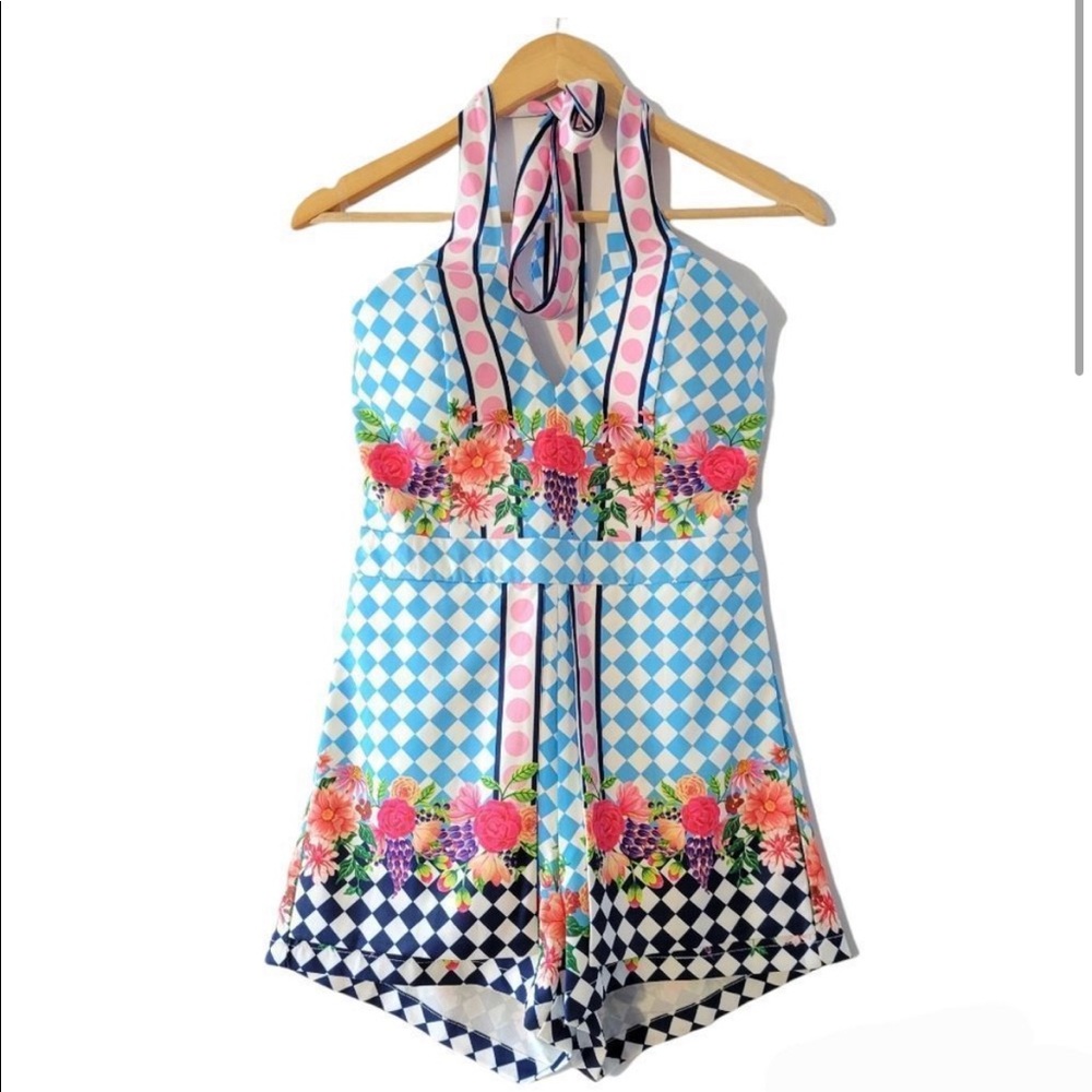 Chicways Multicolor Floral Print Halter Romper Size Small.